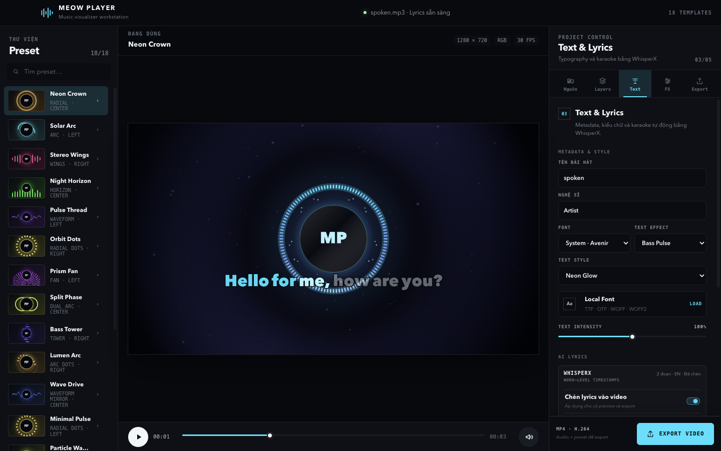 Giao diện AI Lyrics của Meow Player với karaoke hiển thị trên visualizer