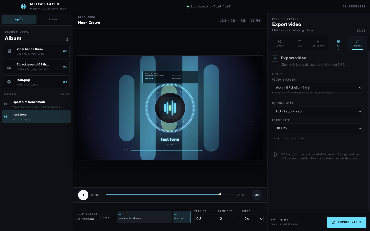 Bảng điều khiển export video và timeline album trong Meow Player